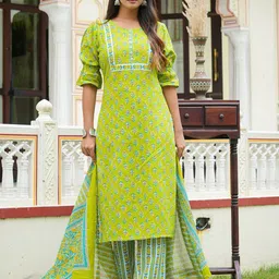 YASH GALLERY Ethnic Motifs Printed Straight Kurta With Trousers & Dupatta-image-22