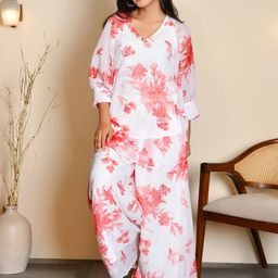 Thread & Button V Neck Floral Printed Regular Silk Chiffon Top with Palazzos-picture-12
