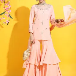 Vishudh Women Peach-Coloured Floral Embroidered Mirror Work Kurti with Sharara & With Dupatta-image-55