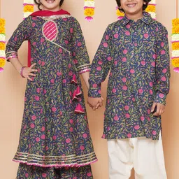 Bitiya by Bhama Girls Floral Printed Gotta Patti Pure Cotton Angrakha Kurta Set-image-10