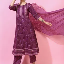 Vishudh Women Magenta Embroidered Layered Pure Cotton Kurta with Trousers & With Dupatta-55