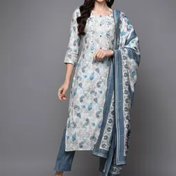 KALINI Floral Printed Regular Thread Work Kurta With Trousers & Dupatta-image-38