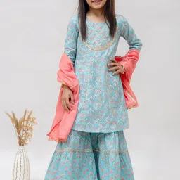 BAESD Girls Floral Printed Regular Gotta Patti Pure Cotton Kurta With Sharara & Dupatta-picture-49