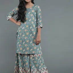 Aks Kids Girls Floral Printed Pure Cotton Kurta With Sharara-image-15
