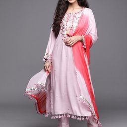 KSUT Ethnic Motifs Yoke Design Tie Up Neck Thread Work Kurta with Trousers & Dupatta-9