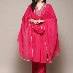 Biba Floral Yoke Design Thread Work Sequined Anarkali Kurta with Palazzos And Dupatta-image-29