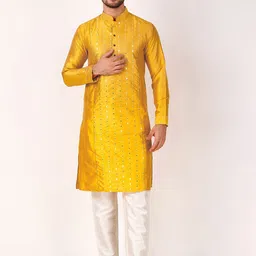 Koshin Embroidered Mandarin Collar Regular Mirror Work Straight Kurta with Pyjamas-picture-3