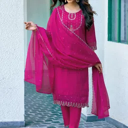 KALINI Floral Embroidered Sequinned Straight Kurta With Trousers & Dupatta-picture-54