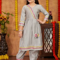 BAESD Girls V-Neck Embroidered Angrakha Gotta Patti Pure Silk Kurta with Patiala-picture-23