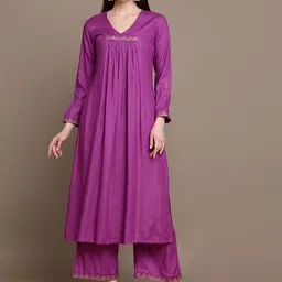 HERE&NOW Striped Zari Pleated A-Line Kurta with Palazzos-14