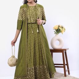 Vishudh Women Olive Green Printed Crop Top With Skirt And Jacket-image-81