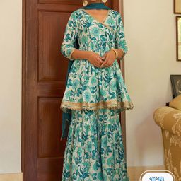 Janasya Floral Printed Gotta Patti Pure Cotton Anarkali Kurta With Sharara & Dupatta-picture-4