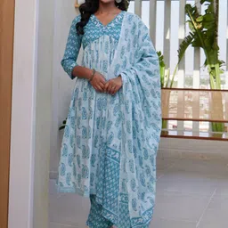 MAAND Floral Printed Sequinned Pure Cotton Anarkali Kurta & Trousers With Dupatta-picture-52