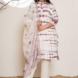 Yufta Plus Size Printed Mandarin Collar Pure Cotton Straight Kurta With Trousers & Dupatta-image-51