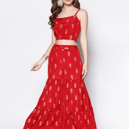 Sera Red Floral Printed Shoulder Strap Crop Top With Sharara-picture-18