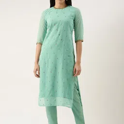 KALINI Floral Embroidered Round Neck Sequinned Georgette Straight Kurta With Trouser-picture-15