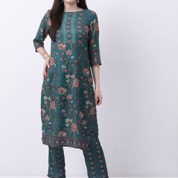 Vishudh Teal & Red Floral Printed Regular Kurta With Palazzos-picture-14