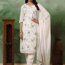 FASHOR Floral Embroidered Zari Pure Cotton Straight Kurta with Trousers & Dupatta-20
