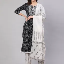 Mizaz Floral Printed Thread Work Pure Cotton Kurta With Trousers & Dupatta-picture-51