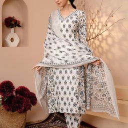 SIJOPA Floral Printed Regular Sequinned Pure Cotton Kurta With Trouser & Dupatta-51