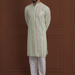 SOJANYA LUXE Striped Embroidered Mandarin Collar Straight Georgette Kurta & Pyjama-13
