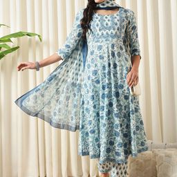 KALINI Floral Printed Empire Pure Cotton Flared Anarkali Kurta With Trousers & Dupatta-13