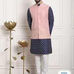 SOJANYA Embroidered Thread Work Silk Cotton Kurta With Churidar & Nehru Jacket-picture-39