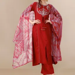KALINI Embroidered Straight Front Slit Kurta Palazzo & Organza Dupatta Set-image-74