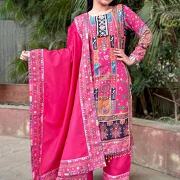 BAESD Girls Floral Printed Long Sleeves Mirror Work Kurti with Pyjamas & Dupatta-image-65