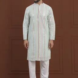 SOJANYA LUXE Striped Embroidered Mandarin Collar Straight Georgette Kurta & Pyjama-image-76