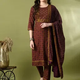 KALINI Ethnic Motifs Printed Regular Mirror Work Straight Kurta with Trousers & Dupatta-image-15