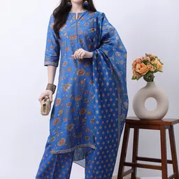 Vishudh Blue & Brown Floral Printed Kurta With Palazzos & Dupatta-picture-23