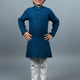 BAESD Boys Woven Design Embroidered Mandarin Collar Thread Work Straight Kurta With Pyjama-77