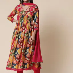 FASHOR Yellow & PInk Floral Printed Kurta With Trousers & Dupatta-picture-49