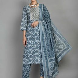 DOISA Ethnic Motifs Printed Thread Work Pure Cotton Kurta with Trousers & Dupatta-18