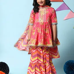 Biba Floral Printed Gotta Patti Kurta with Sharara & With Dupatta-image-15