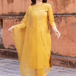 Ambraee Ethnic Self Design Gotta Patti Chanderi Cotton Kurta with Trousers & Dupatta-image-22