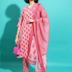 Vishudh Floral Printed Angrakha A-Line Kurta & Trousers With Dupatta-4