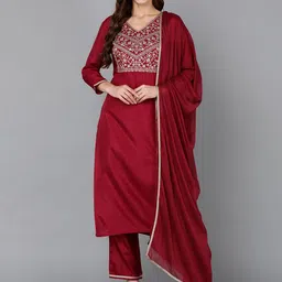 AHIKA Floral Embroidered V-Neck Yoke Design Kurta With Trousers & Dupatta-17