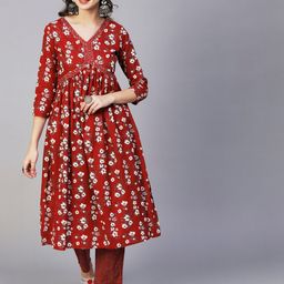 FASHOR Red & White Floral Printed Pleated A-Line Pure Cotton Kurta with Trousers-picture-58