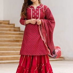 Ambraee Women Red Floral Printed Kurta with Sharara & Dupatta-image-36