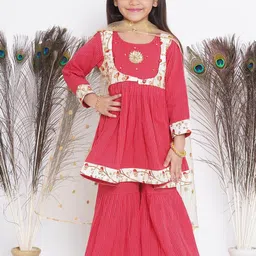 Little Bansi Girls Red Striped Regular Thread Work Pure Cotton Kurta with Sharara & With Dupatta-image-41