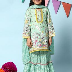 Biba Girls Floral Printed Bead Work Kurta with Sharara & Dupatta-picture-43