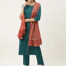 FIORRA Women Green Striped Kurta with Trousers & With Dupatta-10