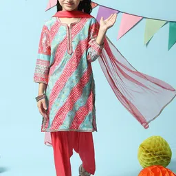 Biba Girls Ethnic Motifs Printed Regular Kurta With Salwar & Dupatta-image-12