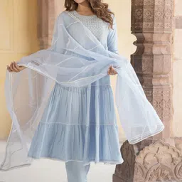KALINI Geometric Yoke Design Mirror Work Pure Cotton Anarkali Kurta Trousers & Dupatta-13