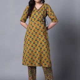 DECKEDUP Floral Printed Angrakha Sequinned Pure Cotton Kurta with Trousers-22