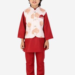 Superminis Boys Red Kurta Pyjama With Printed Fancy White Base Jacket-image-96