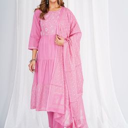 KALINI Ethnic Motifs Embroidered Pure Cotton A-Line Kurta With Trousers & Dupatta-image-66