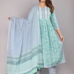 KANNAHI Floral Printed Thread Work Pure Cotton Kurta with Trousers & Dupatta-50